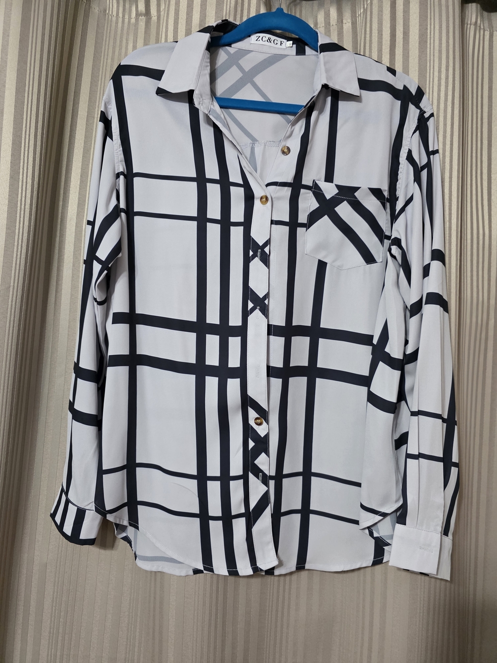 White Button-Down Shirt with Black Windowpane Plaid